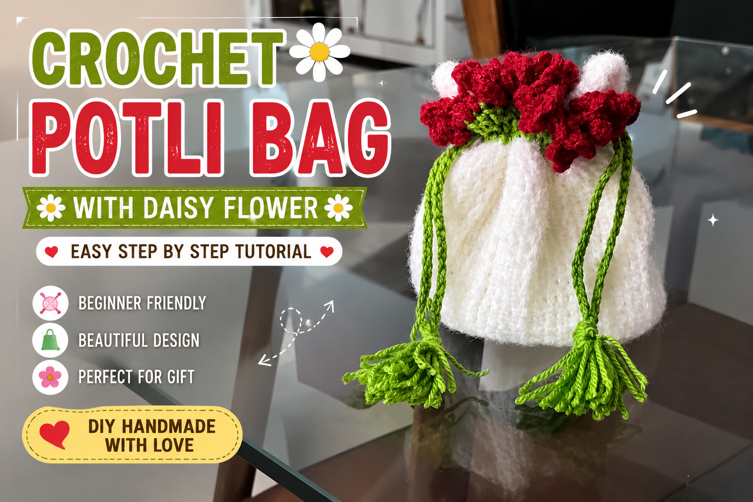 Crochet Potli Bag Pattern | Easy Flower Crochet Potli Bag Tutorial