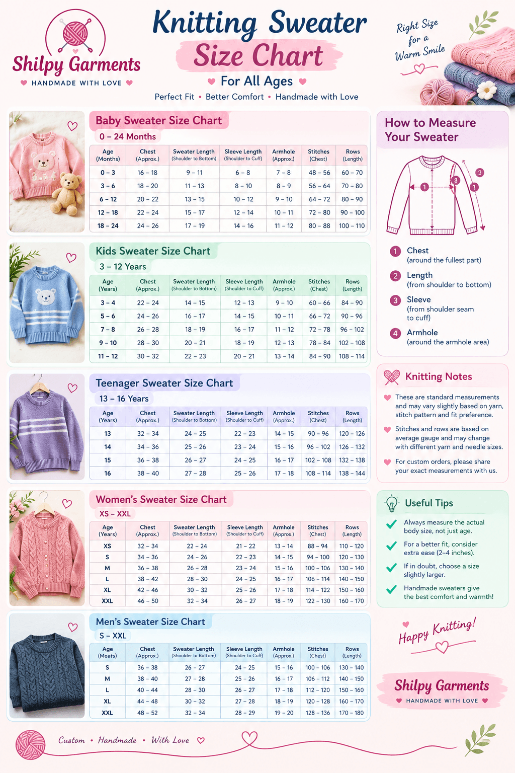 Knitting Sweater Size Chart for All Ages: Baby, Kids & Adults