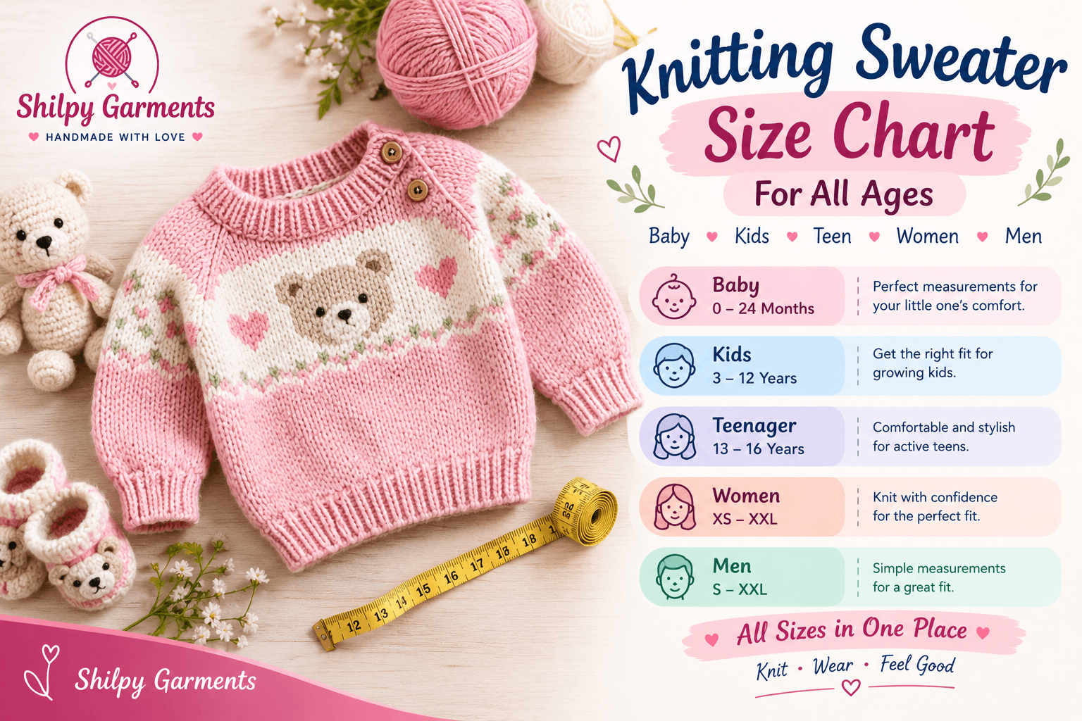 Knitting Sweater Size Chart for All Ages: Baby, Kids & Adults